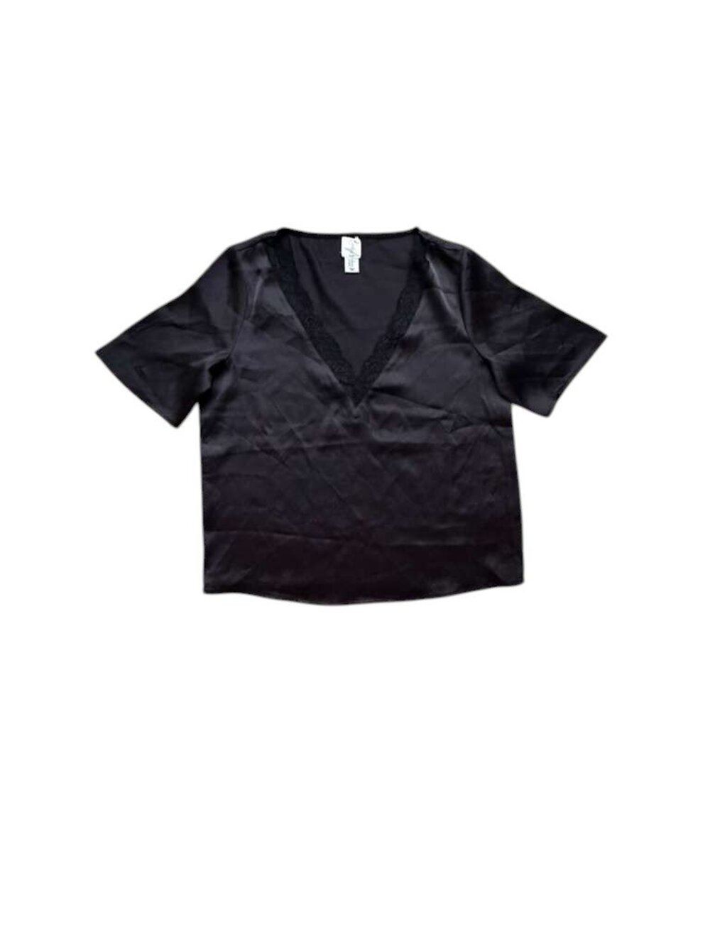 Joie Womens XS Black Satin Lace Trim V Neck Blouse Short Sleeve Stretch Top.